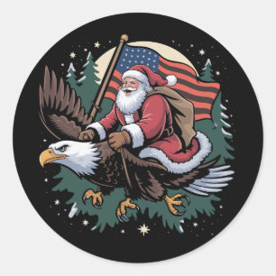 Adesivo Redondo Natal Papai Noel Cavalgando Águia Bandeira EUA Nat