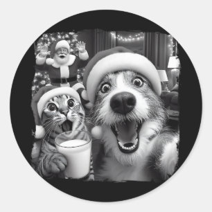 Adesivo Redondo Natal Papai Noel Gato Engraçado Tirando Selfie Gua