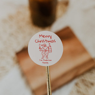 Adesivo Redondo Natal Papai Noel Vermelho Desenhado à Mão Feliz Na
