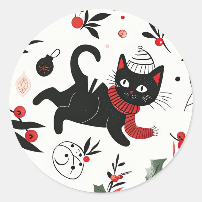 Adesivo Redondo Natal para Gato Negro Bonito (Frente)