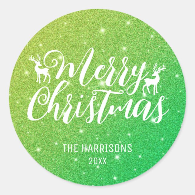 Adesivo Redondo Natal para Reindeiros Brancos de Imagem Verde (Frente)