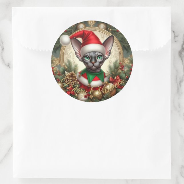 Adesivo Redondo Natal Personalizado Elf Sphynx Gift Xmas (Bolsa)