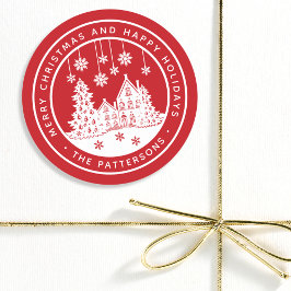 Adesivo Redondo Natal Personalizado na Aldeia de Inverno