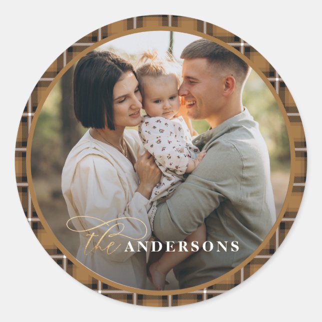 Adesivo Redondo Natal personalizado tradicional do tartan da mosta (Frente)