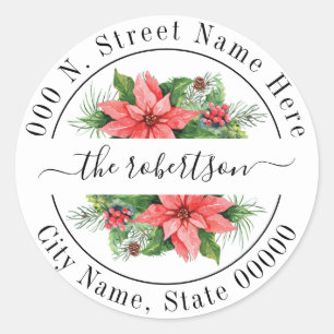 Adesivo Redondo Natal Poinsettia Endereço de regresso floral
