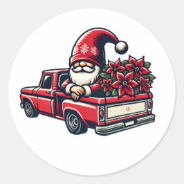 Adesivo Redondo Natal Poinsettia Gnomo no Caminhão Vermelho