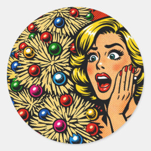 Adesivo Redondo Natal Pop Art, expressão de choque, árvore funky