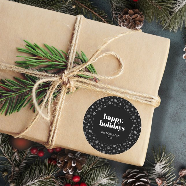 Adesivo Redondo Natal Preto de Natal Feliz de Script Moderno (Christmas happy holiday snowflake pattern stickers)