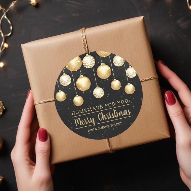Adesivo Redondo Natal Preto e Dourado Homemade Para Você (Black and Gold Christmas Tree Ornaments on Handmade For You  Round Stickers)