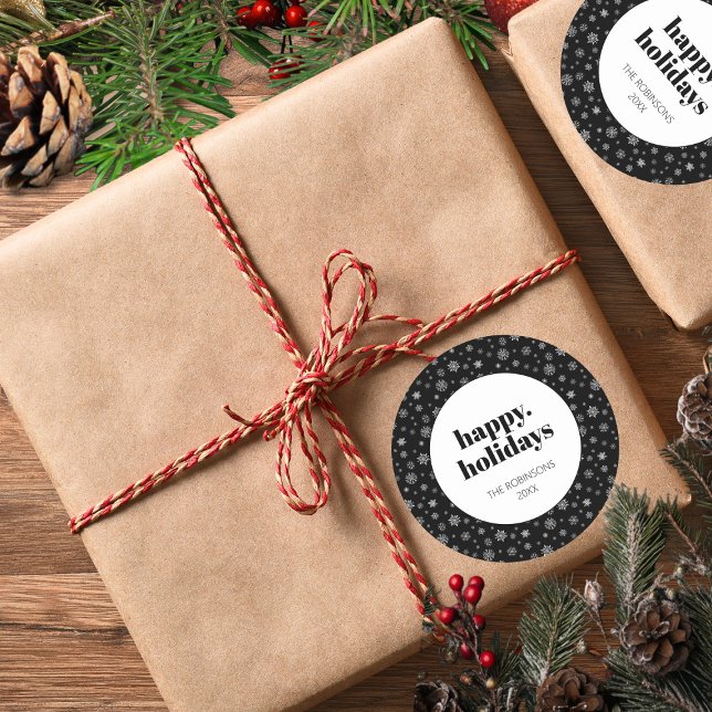 Adesivo Redondo Natal Preto - Natal Feliz Feriados de Script Moder (Christmas holiday snowflake pattern stickers)