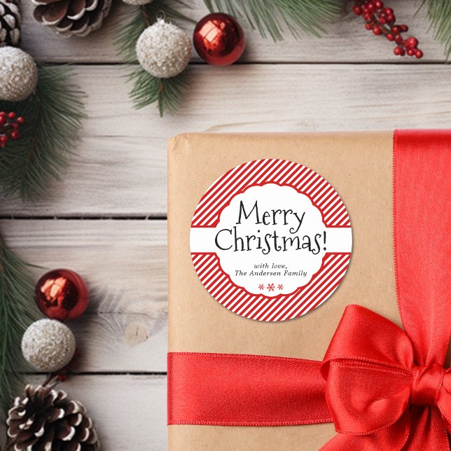 Adesivo Redondo Natal Red Candy Candy Strike Holiday Scalloped (Modern Minimal Red Stripes Typography Scalloped Classic Round Sticker)