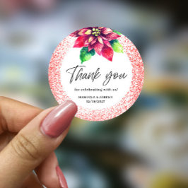 Adesivo Redondo Natal Red Glitter Poinsettia Obrigado Casamento