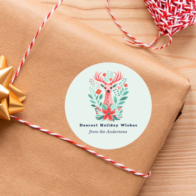 Adesivo Redondo Natal Reindeer Floral Mint Holiday (Criador carregado)