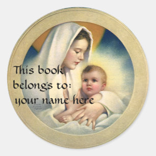 Adesivo Redondo Natal religioso, Madonna e criança do vintage