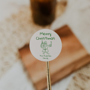 Adesivo Redondo Natal retrô desenhado Papai Noel verde Feliz Natal