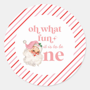 Adesivo Redondo Natal retrô rosa Papai Noel Primeiro Aniversário