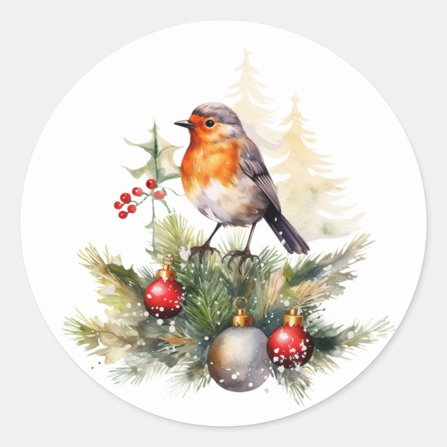 Adesivo Redondo Natal Robin Pine Baubles (Frente)