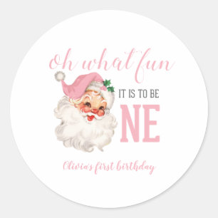 Adesivo Redondo Natal Rosa Papai Noel Primeiro Aniversário