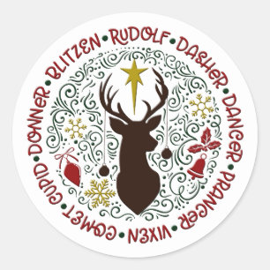 Adesivo Redondo Natal Rudolf e Nomes de Rena de Férias