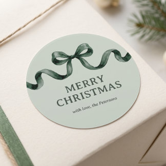 Adesivo Redondo Natal Simples Moderno em Verde Sage com Laço de Aq