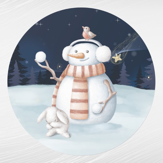 Adesivo Redondo Natal Snowman Snowbolas Rabbit Watercolor (Criador carregado)