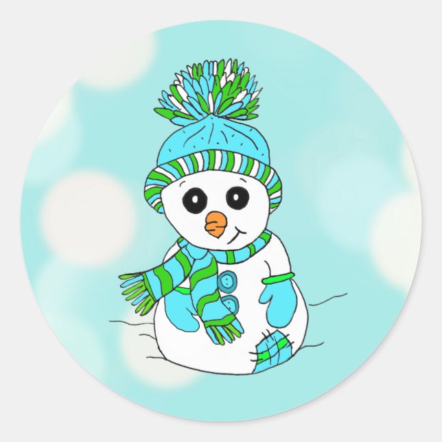 Adesivo Redondo Natal Snowman Teal Background Holiday Seasonal (Frente)