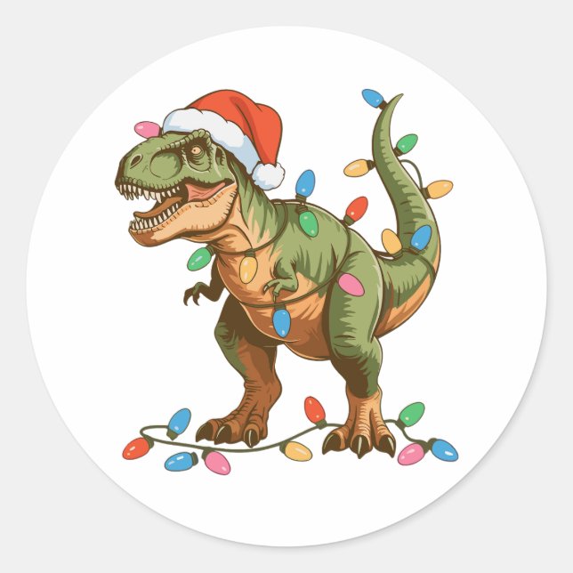 Adesivo Redondo Natal T Rex Dinossaur Xmas Dino Tyrannosaurus (Frente)