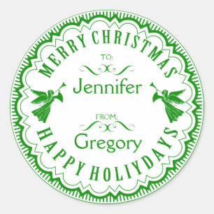 Adesivo Redondo Natal Típico Verde e Branco Com Anjos
