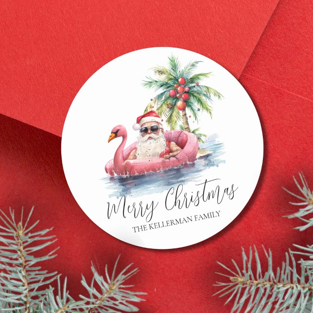 Adesivo Redondo Natal Tropical de Praia Santa Claus (Santa Claus Tropical Beach Christmas Classic Round Sticker)