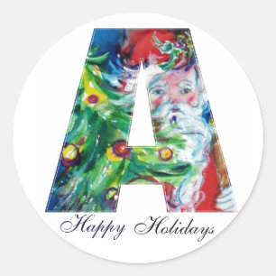 ADESIVO REDONDO NATAL UMA LETRA/PAPAI NOEL COM ÁRVORE DE NATAL