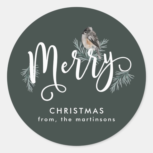 Adesivo Redondo Natal verde de inverno com Feriado de Pássaro Cozy (Frente)