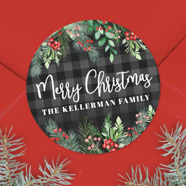 Adesivo Redondo Natal Verde Elegante Personalizado (Greenery Plaid Merry Christmas Classic Round Sticker )