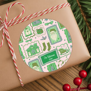 Adesivo Redondo Natal verde rosa desenho à mão