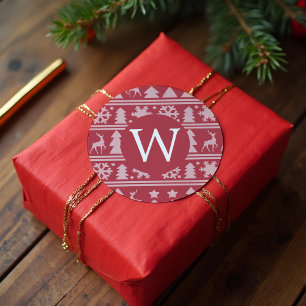 Adesivo Redondo Natal vermelho do monograma do teste padrão da