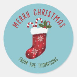 Adesivo Redondo Natal Vermelho Em Azul Com Texto Personalizado