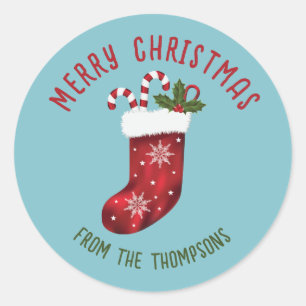 Adesivo Redondo Natal Vermelho Em Azul Com Texto Personalizado