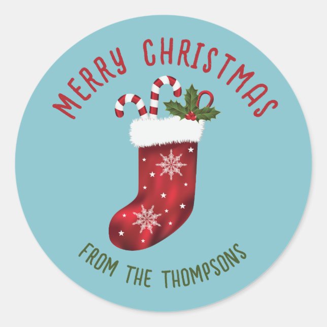 Adesivo Redondo Natal Vermelho Em Azul Com Texto Personalizado (Frente)