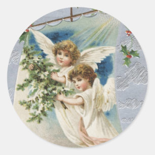 Adesivo Redondo Natal vintage, anjos do Victorian em um veleiro