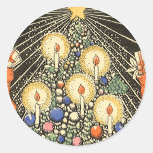 Adesivo Redondo Natal vintage, árvore com velas e uma estrela