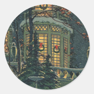 Adesivo Redondo Natal vintage, casa com as grinaldas em Windows