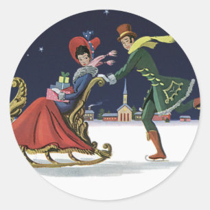 Adesivo Redondo Natal vintage, casal no patinagem no gelo do amor