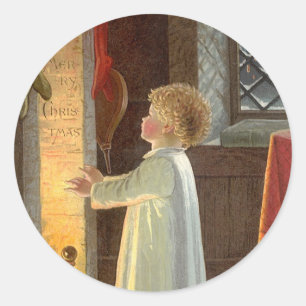 Adesivo Redondo Natal vintage, criança que aquece-se pela lareira