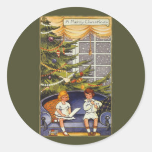 Adesivo Redondo Natal vintage, crianças que sentam-se em um sofá