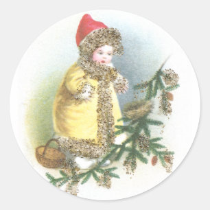 Adesivo Redondo Natal vintage da menina e do ninho