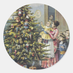 Adesivo Redondo Natal vintage, família do Victorian em torno da