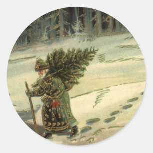 Adesivo Redondo Natal vintage, Papai Noel que leva uma árvore