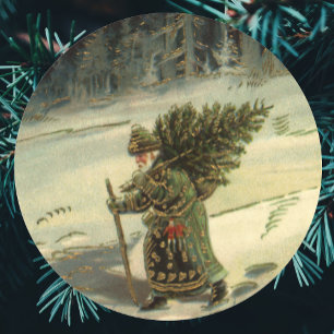 Adesivo Redondo Natal vintage, Papai Noel que leva uma árvore
