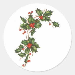 Adesivo Redondo Natal vintage, planta do azevinho com bagas