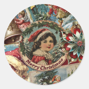 Adesivo Redondo Natal Vintage Retrô: Colagem de Alegria Natalina