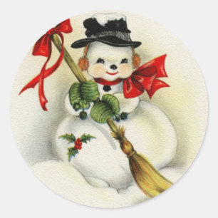 Adesivo Redondo Natal vintage Snowman com vassoura